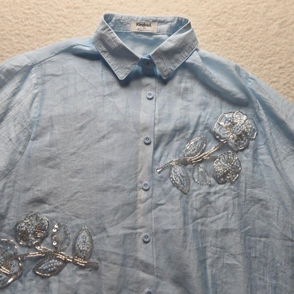 Kindred Shirt Womens 2X Blue Beaded Floral Tunic Button Up 3/4 Sleeve Plus